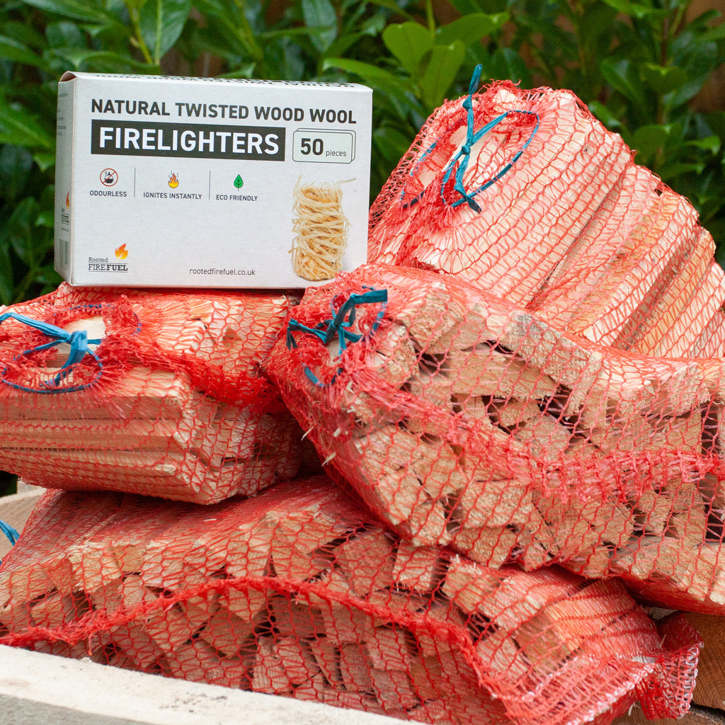 Kindling value bundle with wood wool firelighters and matches